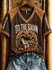 Women's Vintage Halloween Football Tis The Season Ghost Game Day Printed Casual T-shirt