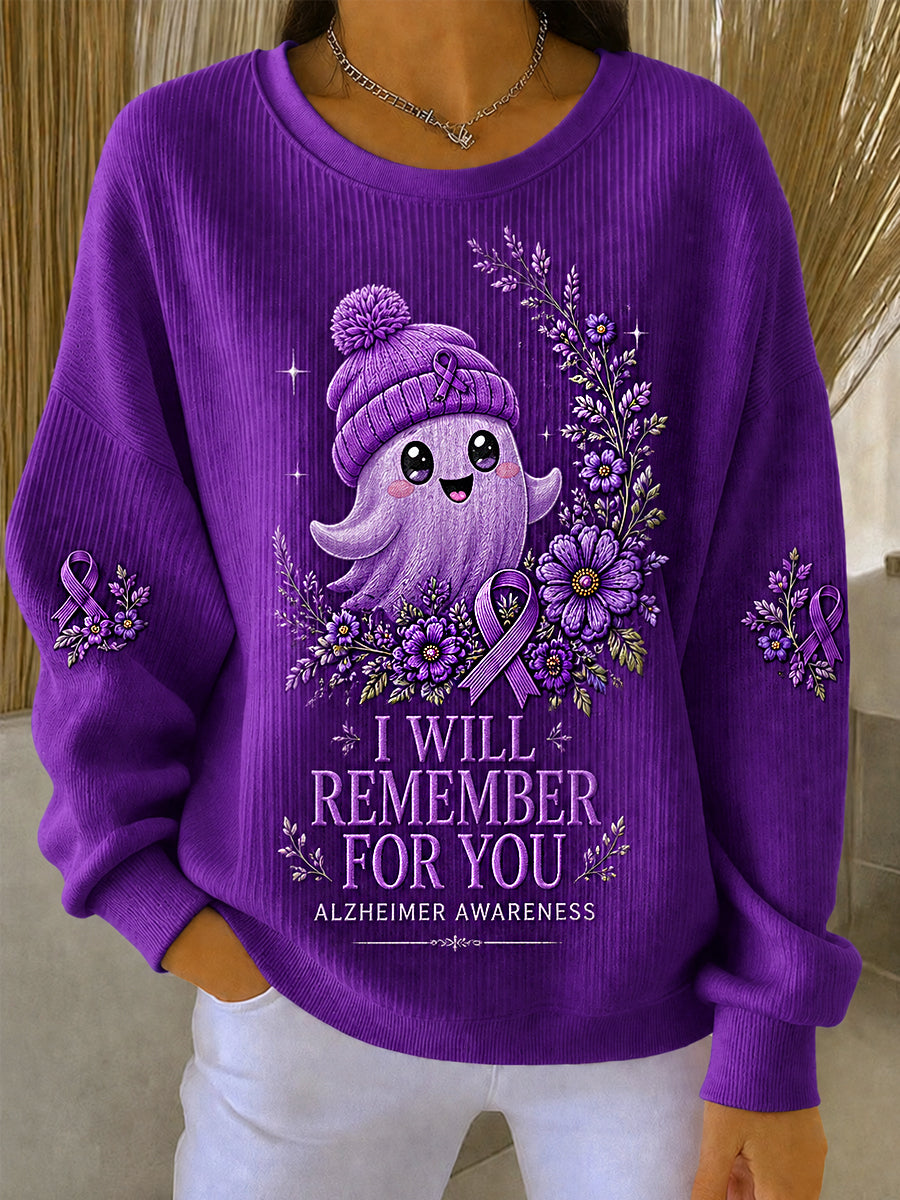 Women's I Will Remember For You Purple Floral & Cute Ghost Print Alzheimer's Awareness Support Sweatshirt