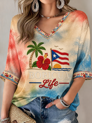 Women's Puerto Rico Printed Mid-length Sleeves V-Neck T-Shirt