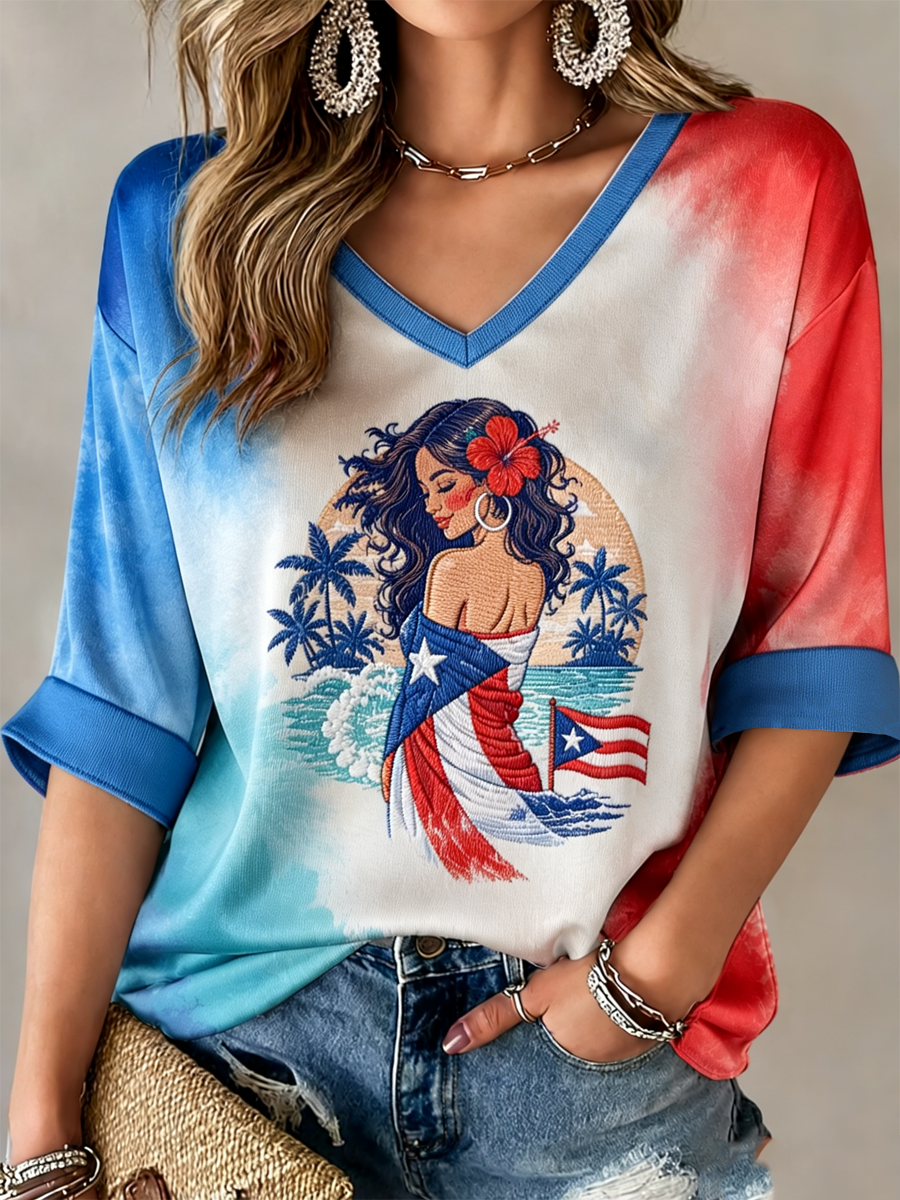 Women's Puerto Rico Printed Mid-length Sleeves V-Neck T-Shirt