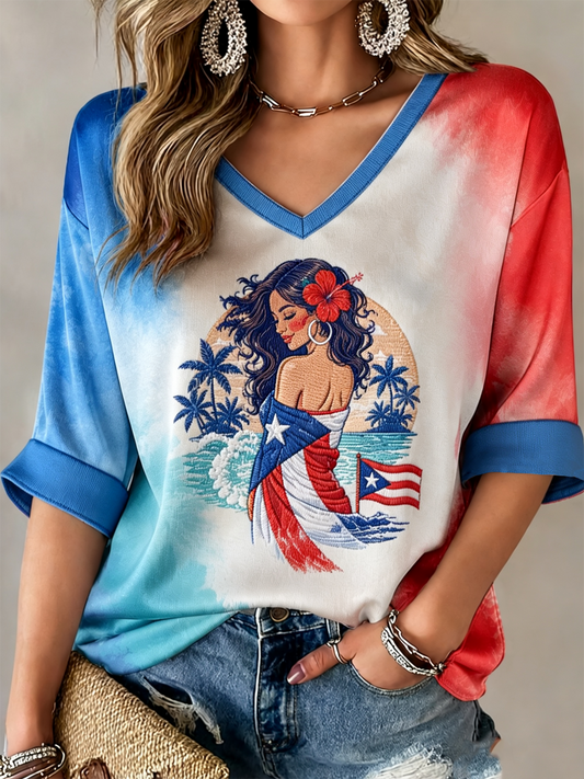 Women's Puerto Rico Printed Mid-length Sleeves V-Neck T-Shirt