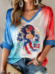 Women's Puerto Rico Printed Mid-length Sleeves V-Neck T-Shirt