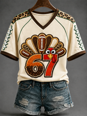 Women's Fun Turkey Rugby V-neck Off-shoulder Short-sleeved T-shirt