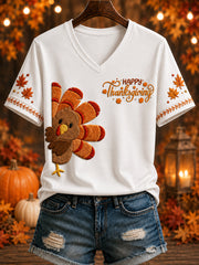 Women's “HAPPY Thanksgiving” Printed V-neck T-shirt