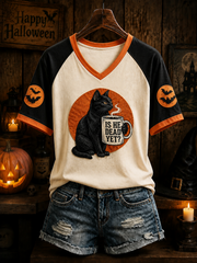 Women's Halloween Cat V-neck Off-shoulder Short-sleeved T-shirt