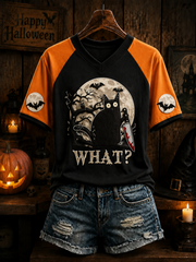 Women's Halloween Cat V-neck Off-shoulder Short-sleeved T-shirt