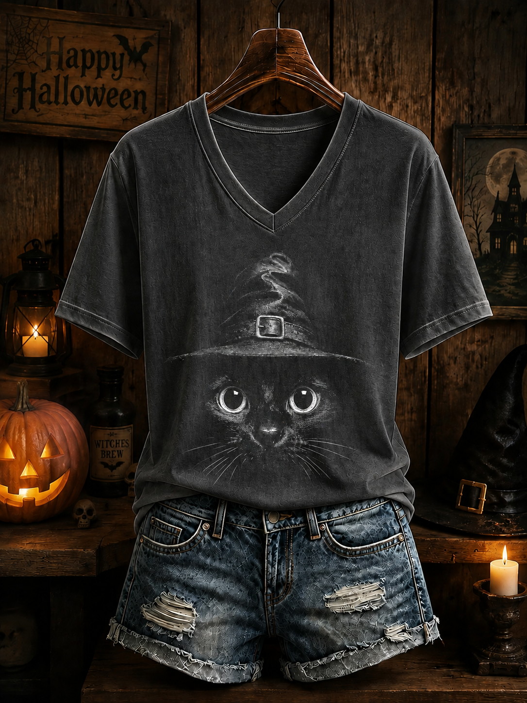 Women's Halloween Cat Short-sleeved T-shirt