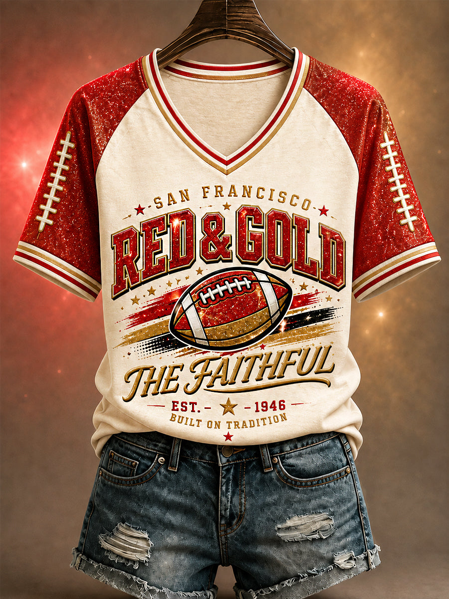 Women's Red & Gold Football Gameday Gift For Football Fans Casual V-Neck Tee