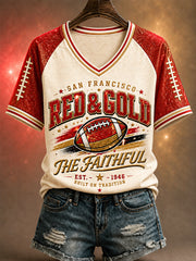 Women's Red & Gold Football Gameday Gift For Football Fans Casual V-Neck Tee