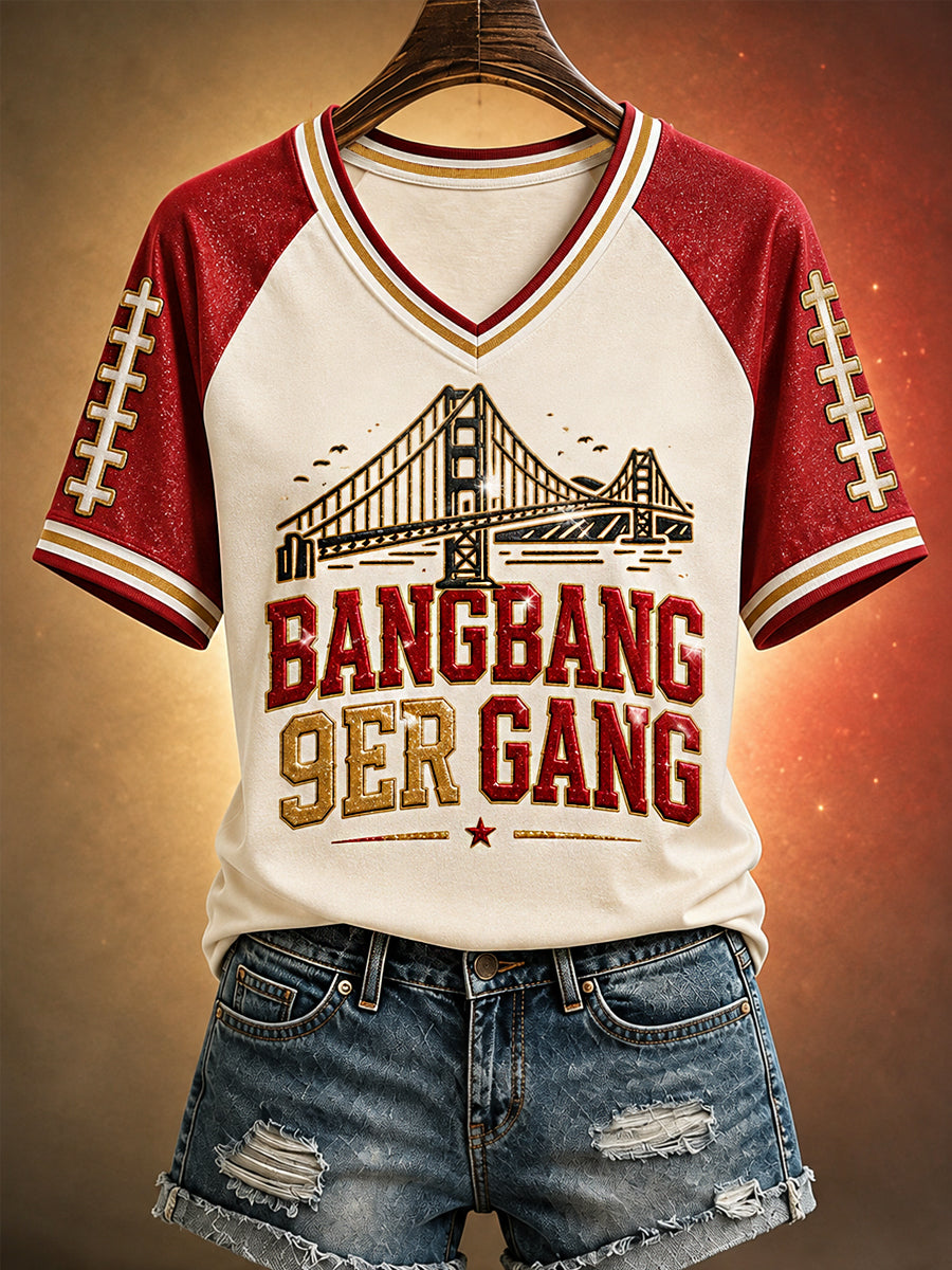 Women's Bang Bang Niner Gang Football Gameday Gift For Football Fans Casual V-Neck Tee