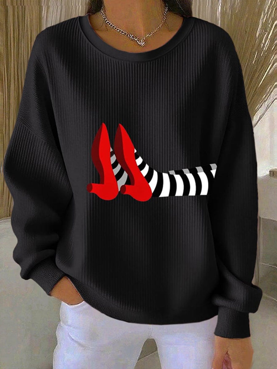 Women's Fun Halloween Witch Legs Ribbed Round-Neck Sweatshirt