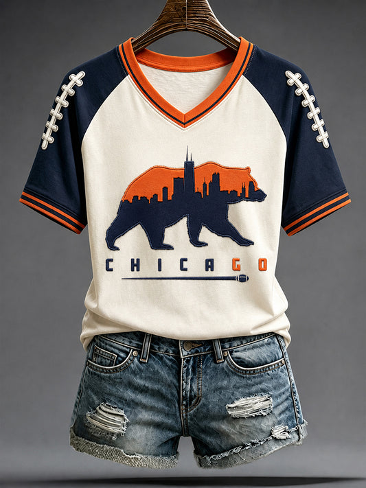 Women's Chicago Football Lover Bear Art Printed T-shirt