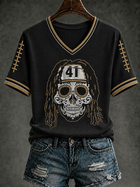 Women's Football Printed V-neck T-shirt