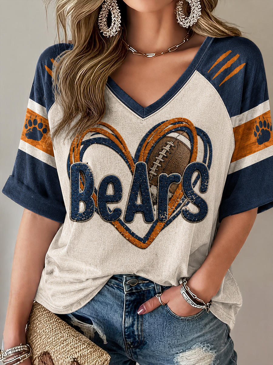 Women's Chicago Football Lover Art Printed Mid-length Sleeves V-Neck T-Shirt