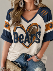 Women's Chicago Football Lover Art Printed Mid-length Sleeves V-Neck T-Shirt