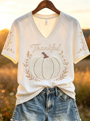 Women's Thankful White Thanksgiving Pumpkin Floral Print short-sleeved T-shirt
