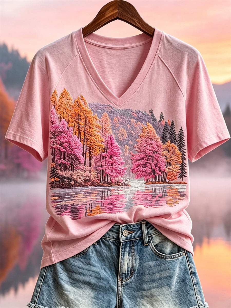 Women's Fall Pink Forest Reflection Landscape Print short-sleeved T-shirt