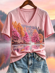Women's Fall Pink Forest Reflection Landscape Print short-sleeved T-shirt