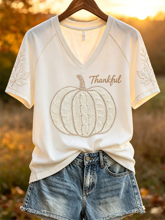 Women's Thankful White Thanksgiving Pumpkin Fall Leaves Print short-sleeved T-shirt