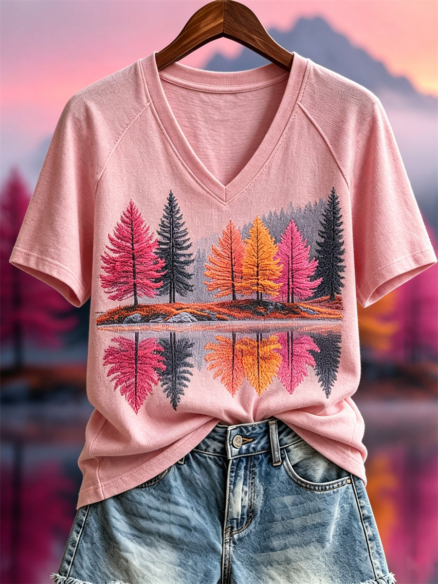 Women's Fall Pink Forest Reflection Landscape Print short-sleeved T-shirt