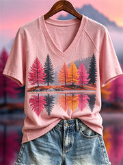 Women's Fall Pink Forest Reflection Landscape Print short-sleeved T-shirt