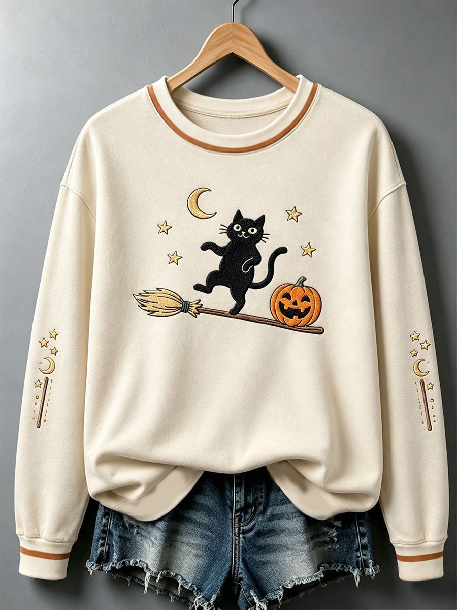 Women's Halloween Black Cat Pumpkin Print Sweatshirt