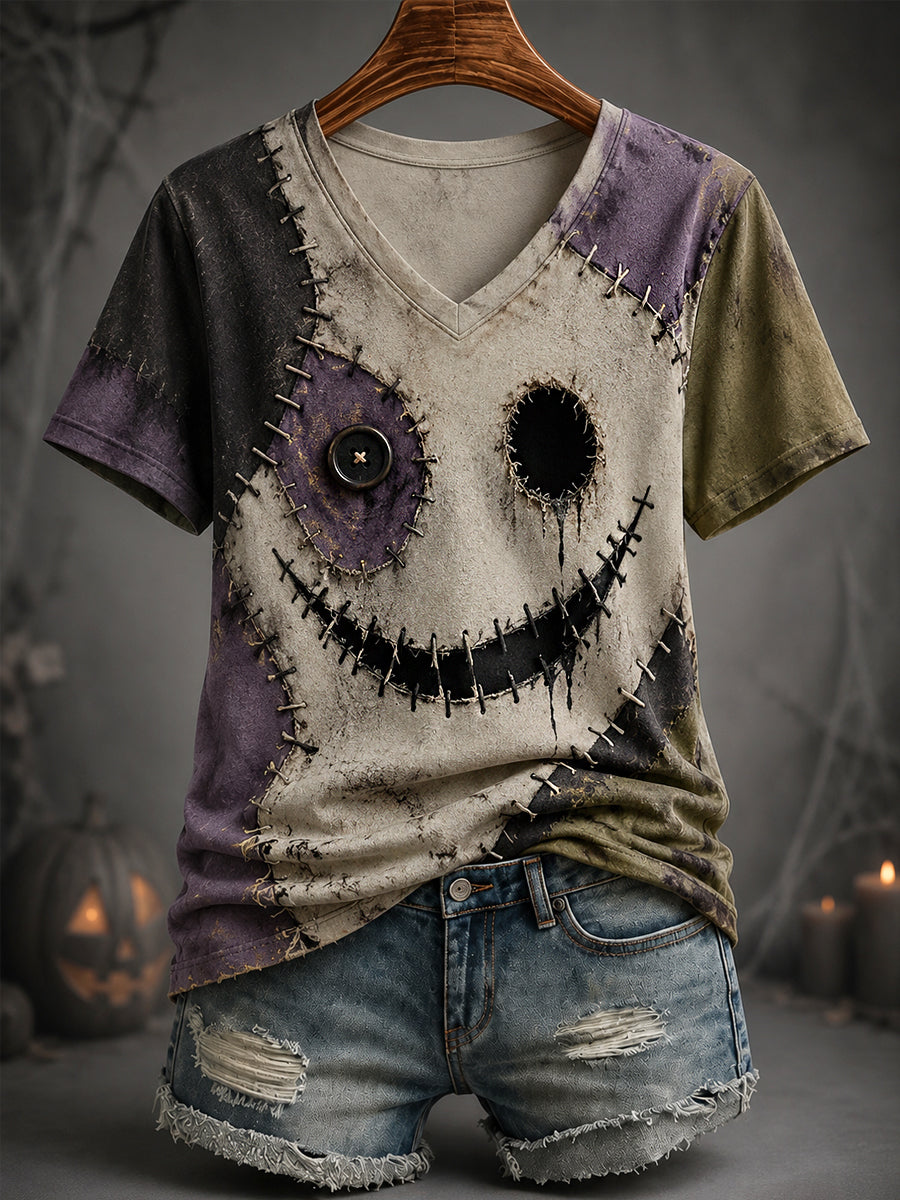 Women's Halloween Patchwork Print Casual V-Neck Tee