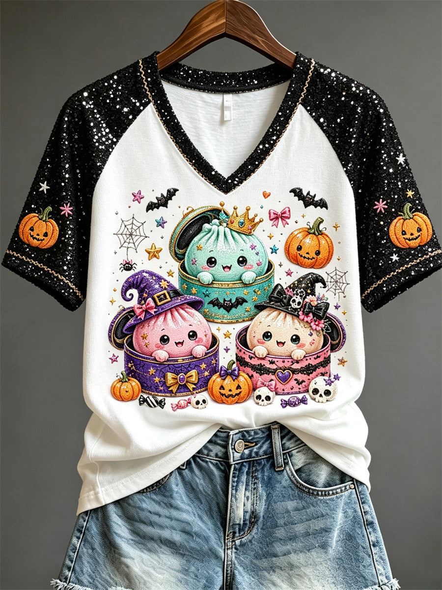 Women's Halloween Glitter Bun Dumplings Print short-sleeved T-shirt