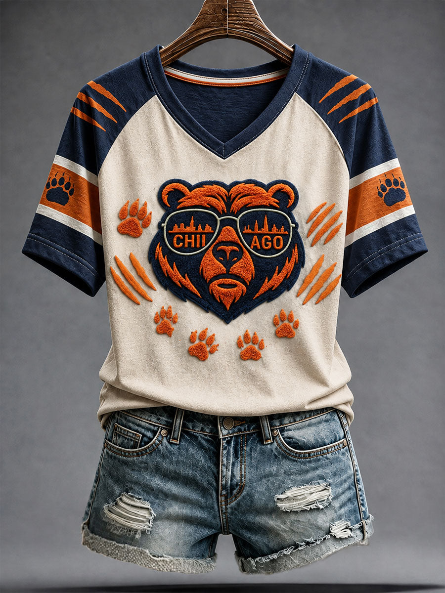 Women's Chicago Football Lover Bear Art Printed T-shirt