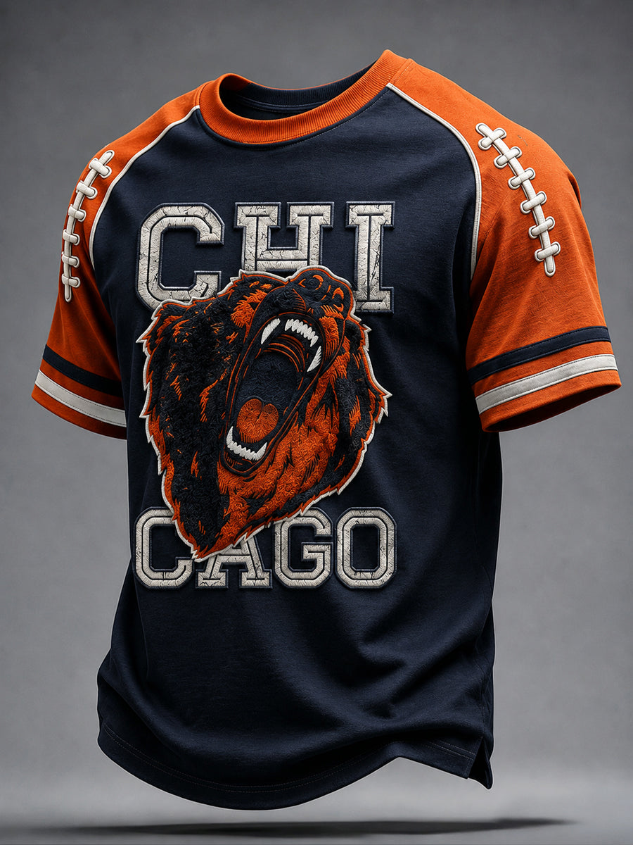 Men's Chicago Football Lover Bear Art Printed T-shirt