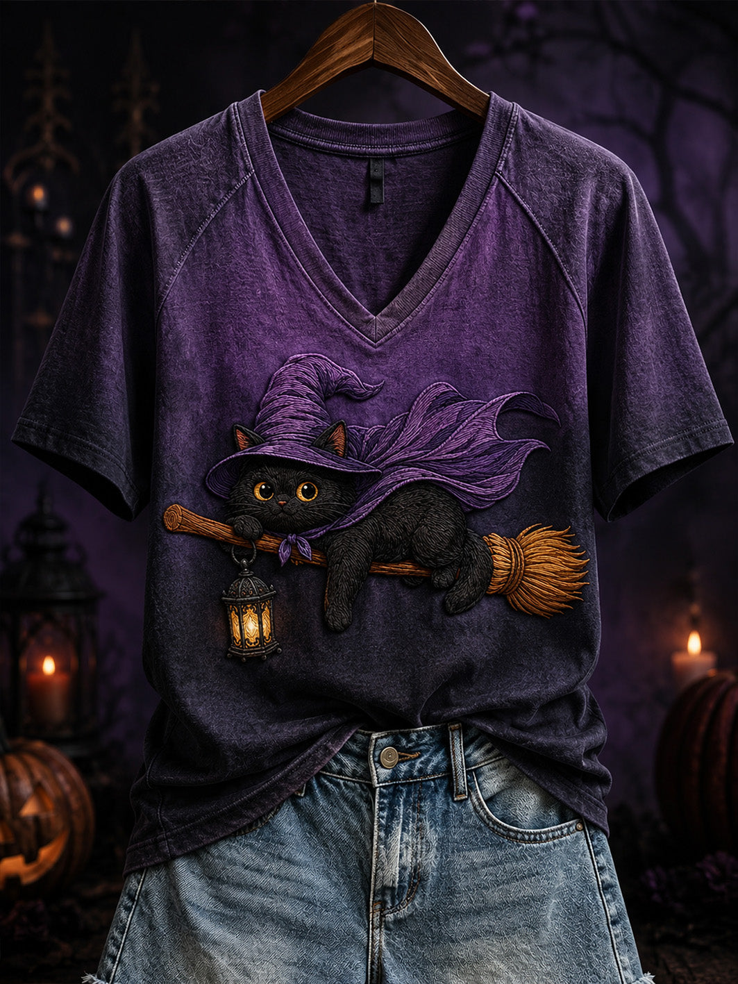 Women's Halloween Witch Cat Pattern Printed Casual Short Sleeve T-shirt
