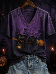 Women's Halloween Witch Cat Pattern Printed Casual Short Sleeve T-shirt