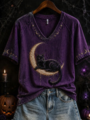 Women's Halloween Cat Pattern Printed Casual Short Sleeve T-shirt