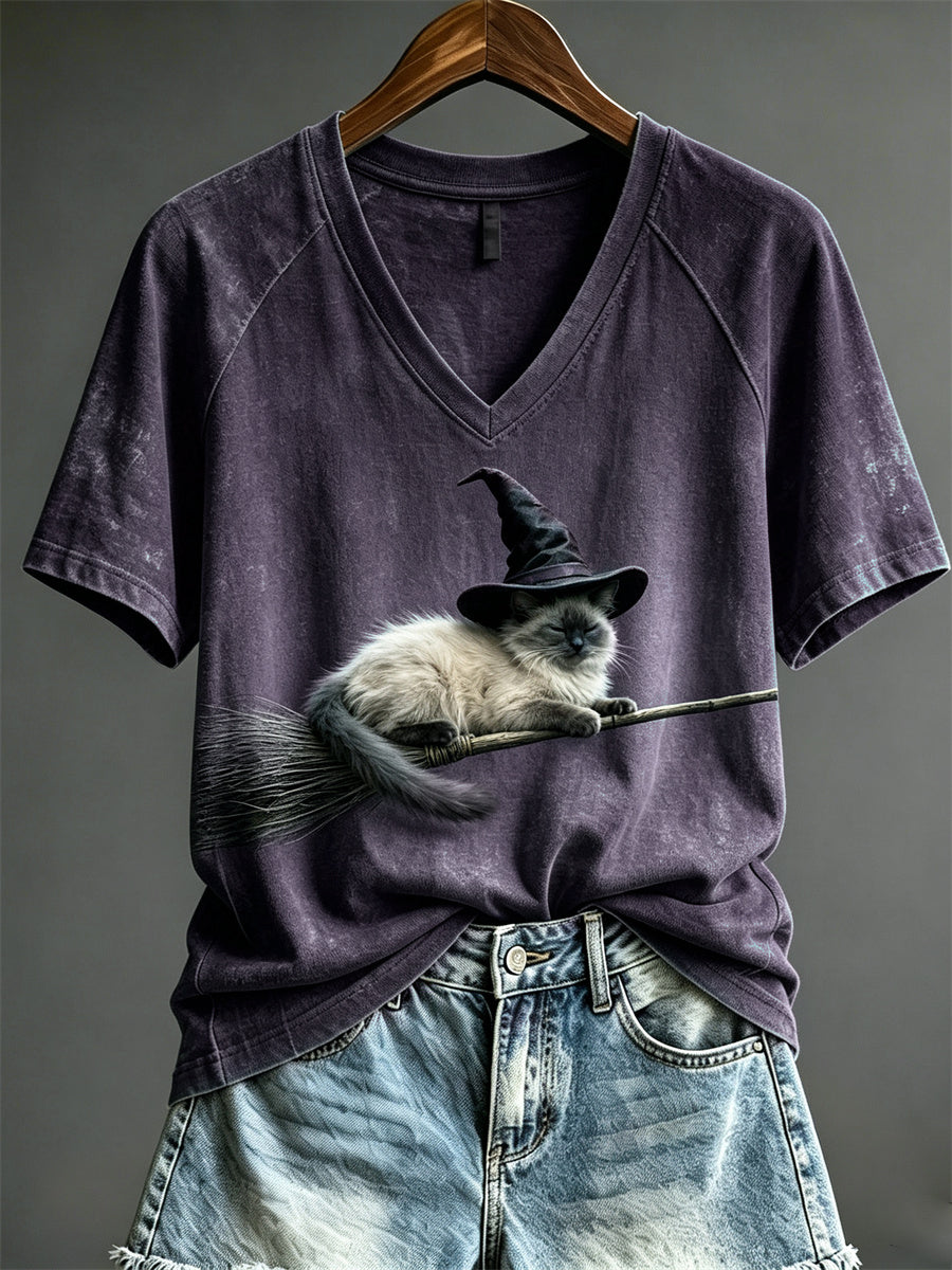 Women's Halloween Flying Fuzzy Witch Cat on Broom Print short-sleeved T-shirt