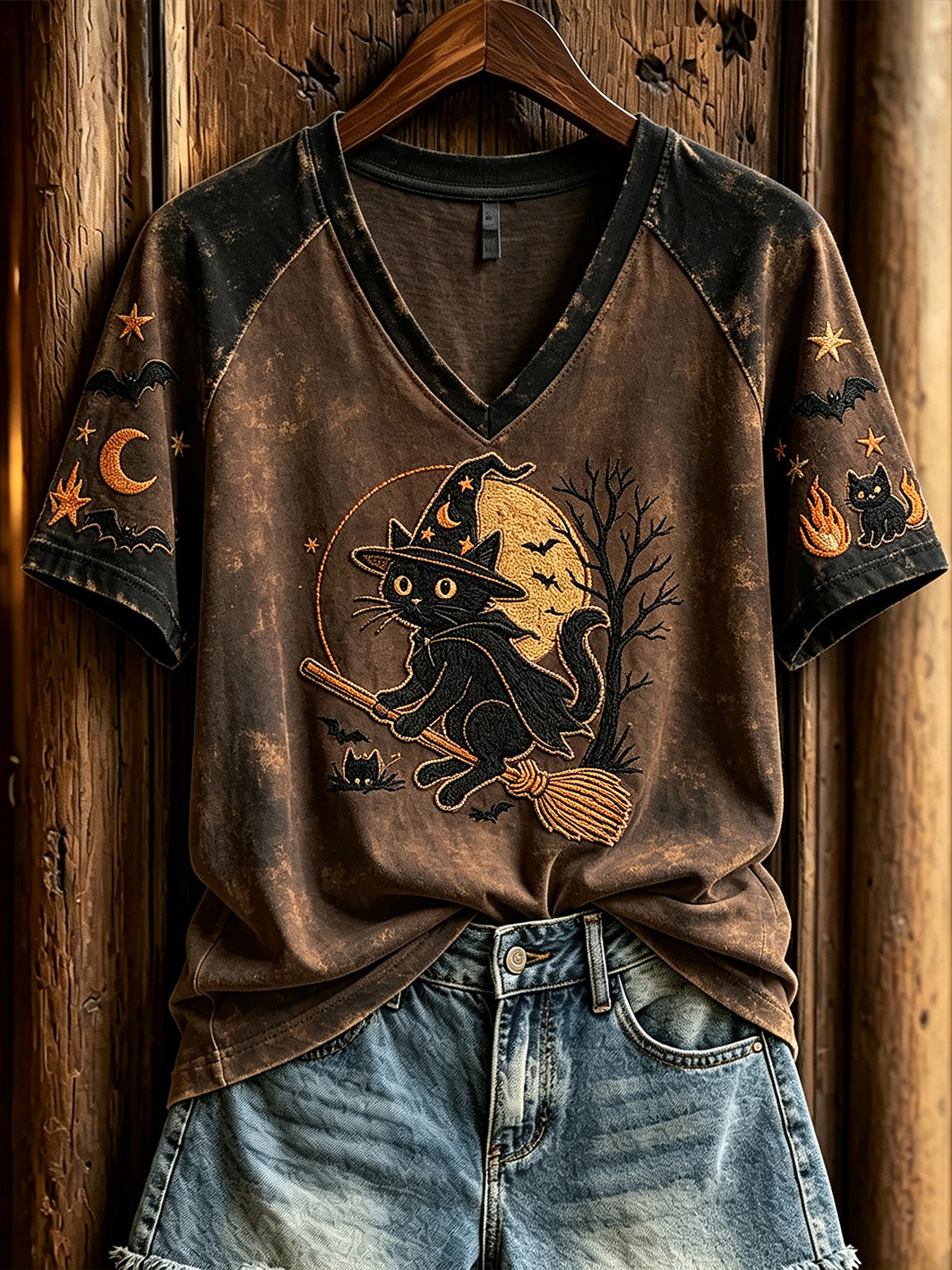 Women's Halloween Witch Cat Pattern Printed Casual Short Sleeve T-shirt