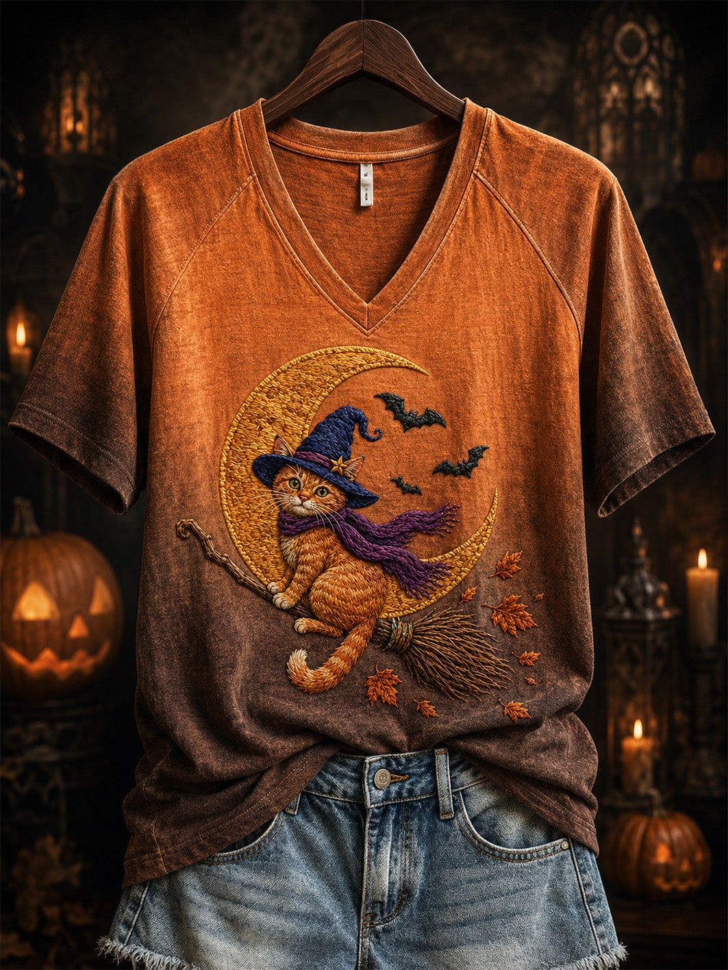 Women's Halloween Witch Cat Pattern Printed Casual Short Sleeve T-shirt
