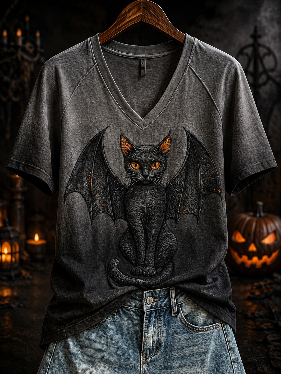 Women's Halloween Bat Cat Pattern Printed Casual Short Sleeve T-shirt