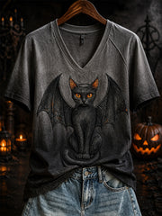 Women's Halloween Bat Cat Pattern Printed Casual Short Sleeve T-shirt