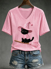 Women's Halloween Black Cat Short-sleeved T-shirt