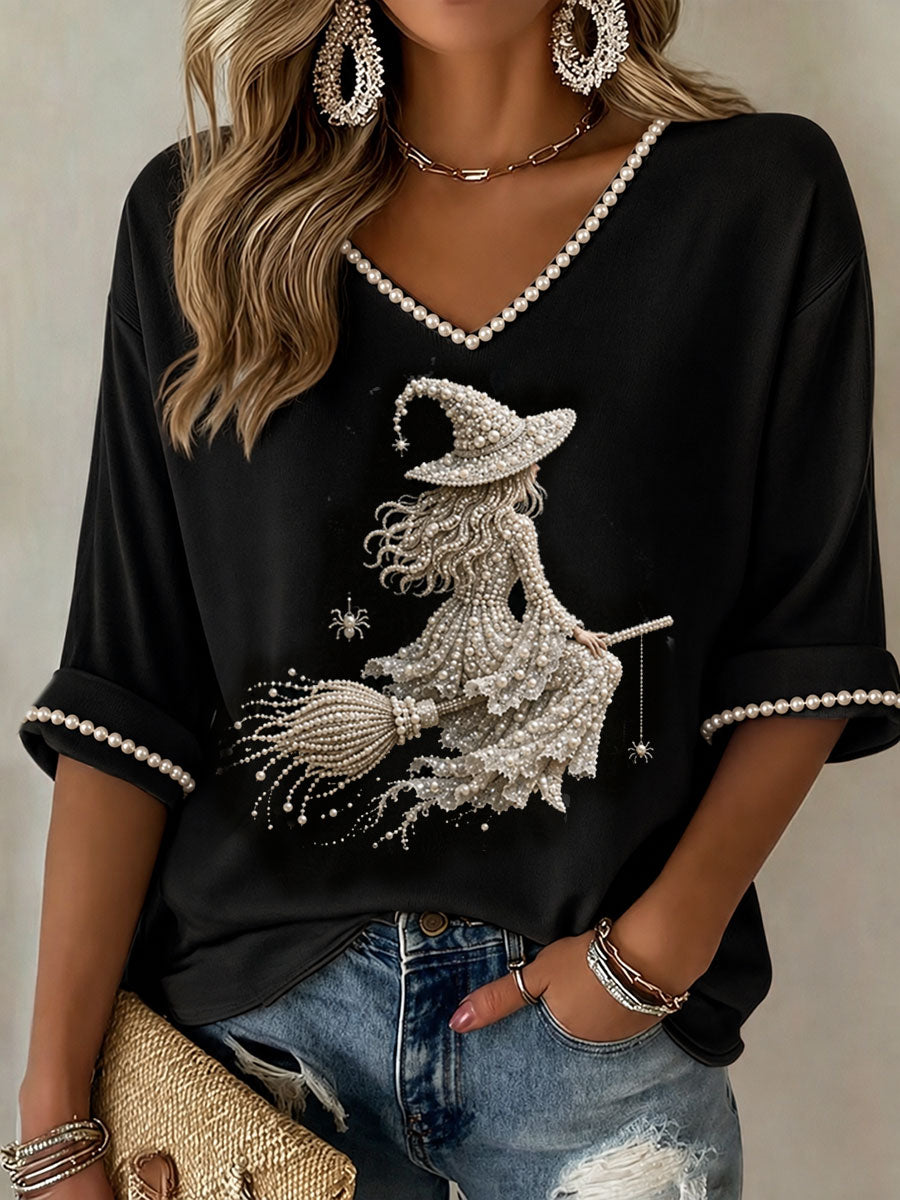 Women's Halloween Witch Mid-length Sleeves V-Neck T-Shirt
