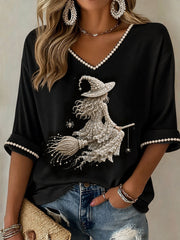 Women's Halloween Witch Mid-length Sleeves V-Neck T-Shirt