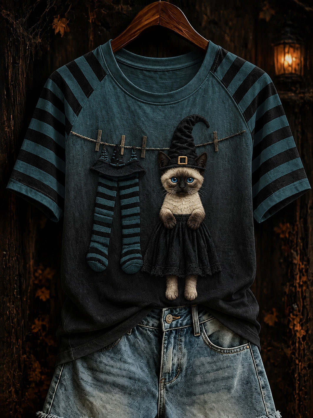 Women's Halloween theme witch cat pattern clash color design casual short-sleeve T-shirt
