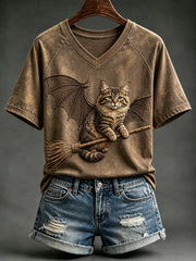 Women's Halloween Witch Cat with Bat Wings Print V-neck Short-sleeved T-shirt