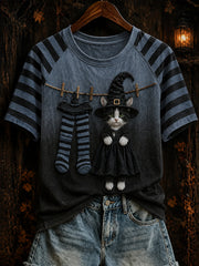 Women's Halloween theme witch cat pattern clash color design casual short-sleeve T-shirt