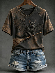 Women's Halloween Witch Cat with Bat Wings Print V-neck Short-sleeved T-shirt
