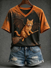 Women's Halloween Witch Cat with Bat Wings Print V-neck Short-sleeved T-shirt