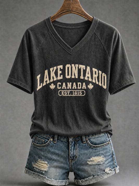 Women's Lake Ontario Est 1615  V-Neck Short SleeveT-shirt