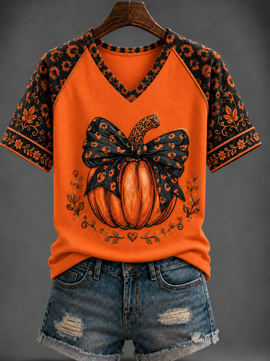 Women's Halloween Pumpkin Printed V-neck T-shirt