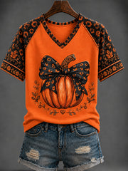 Women's Halloween Pumpkin Printed V-neck T-shirt