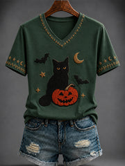 Women's Halloween Pumpkin Printed V-neck T-shirt